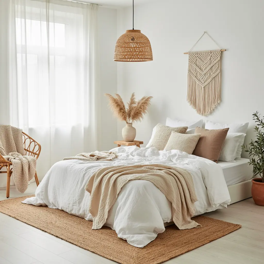 White Boho Bedroom with Natural Textures and Soft Fabrics