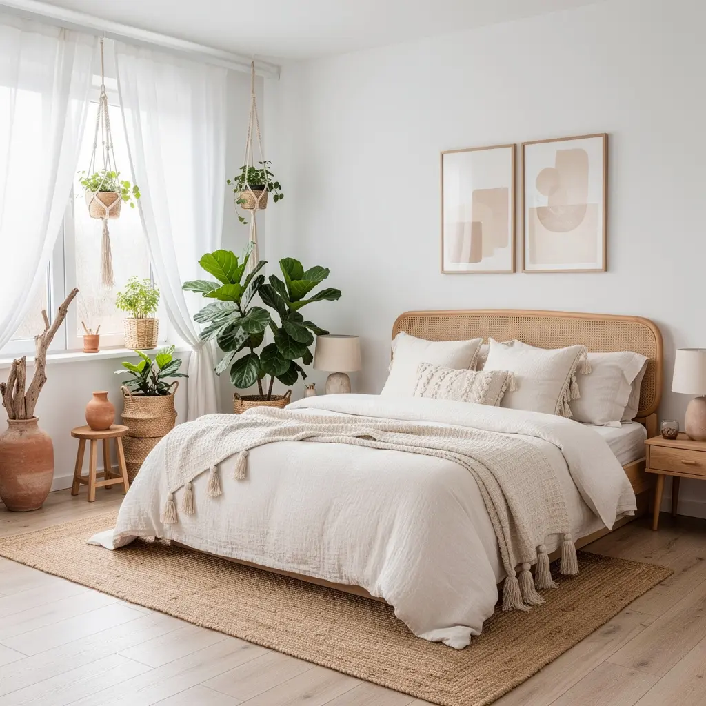 White Boho Bedroom with Plants and Organic Decor Elements