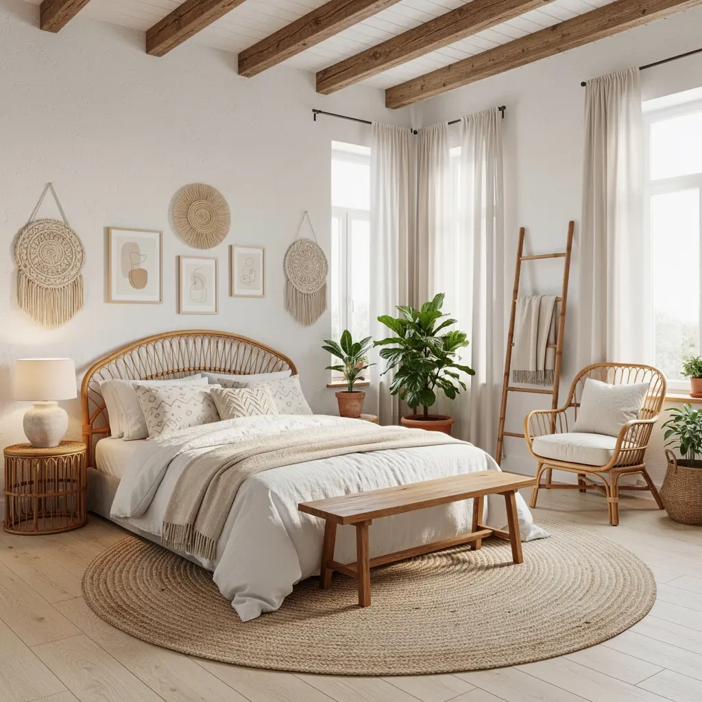 White Boho Bedroom with Rattan Furniture and Wooden Accents