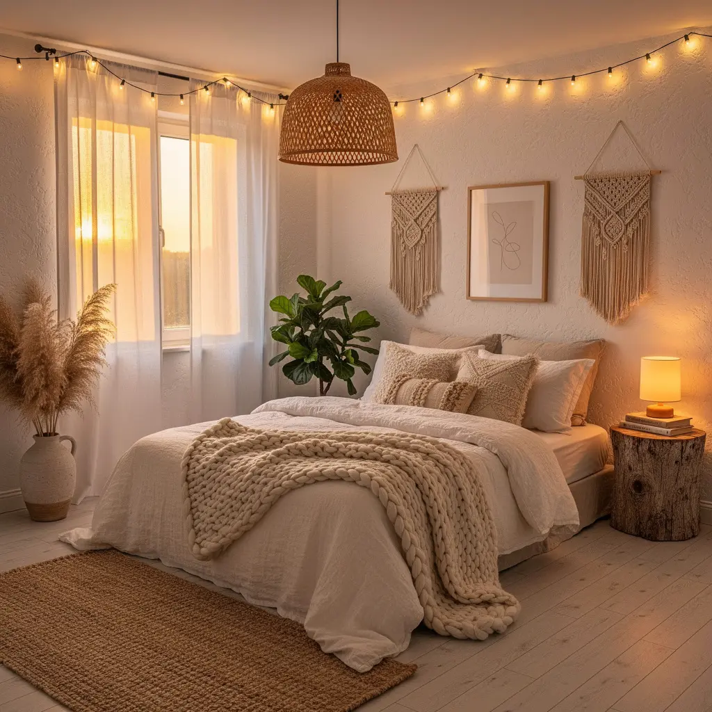 White Boho Bedroom with Warm Lighting and Relaxing Atmosphere
