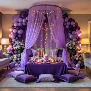 10 Dreamy Purple Birthday Setup at Home With a Cozy Fairy Light Canopy