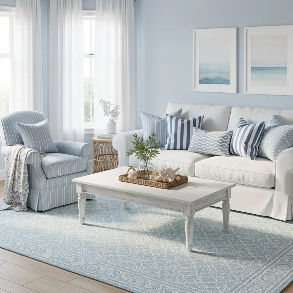 Sky Blue and White Living Room