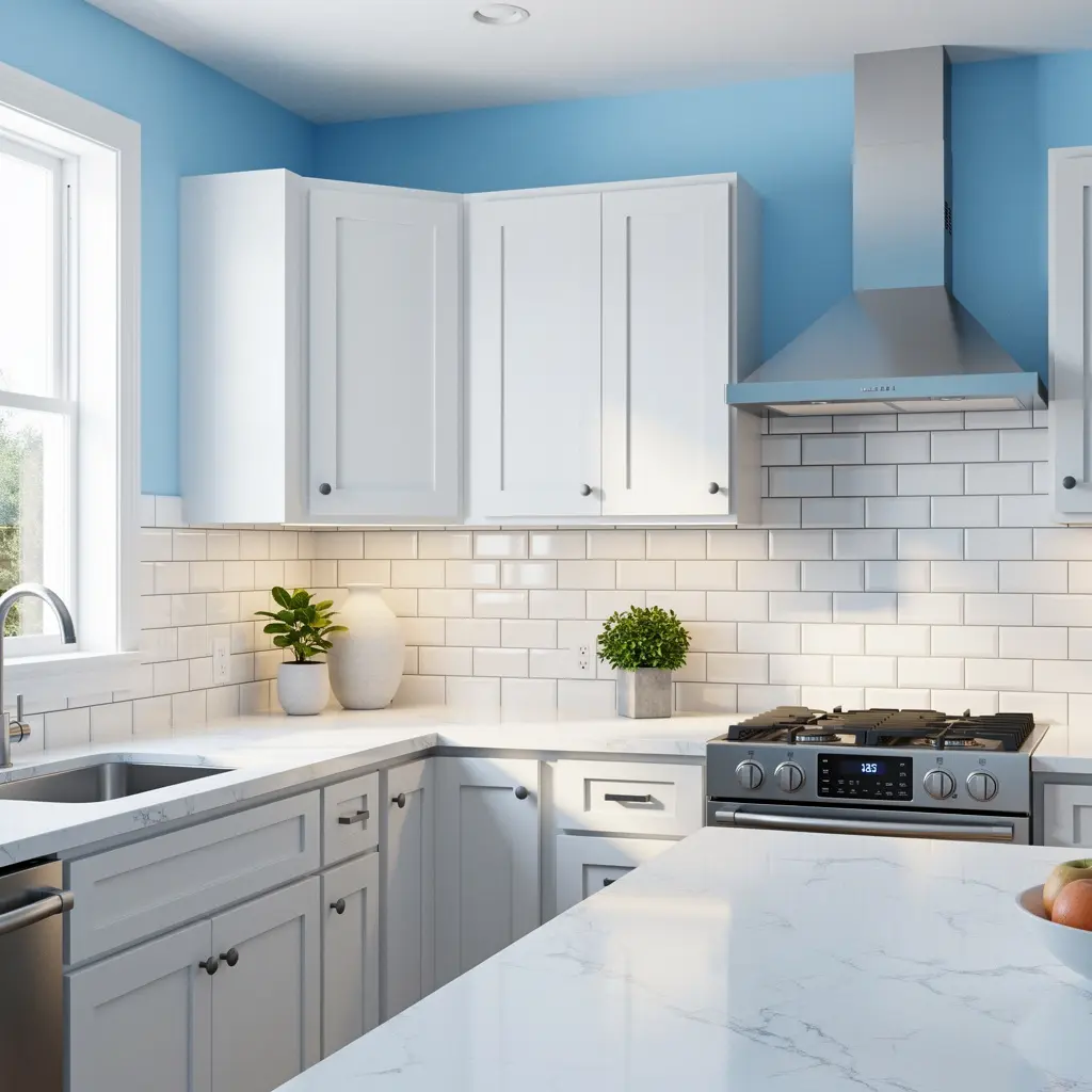 Sky Blue and White Kitchen