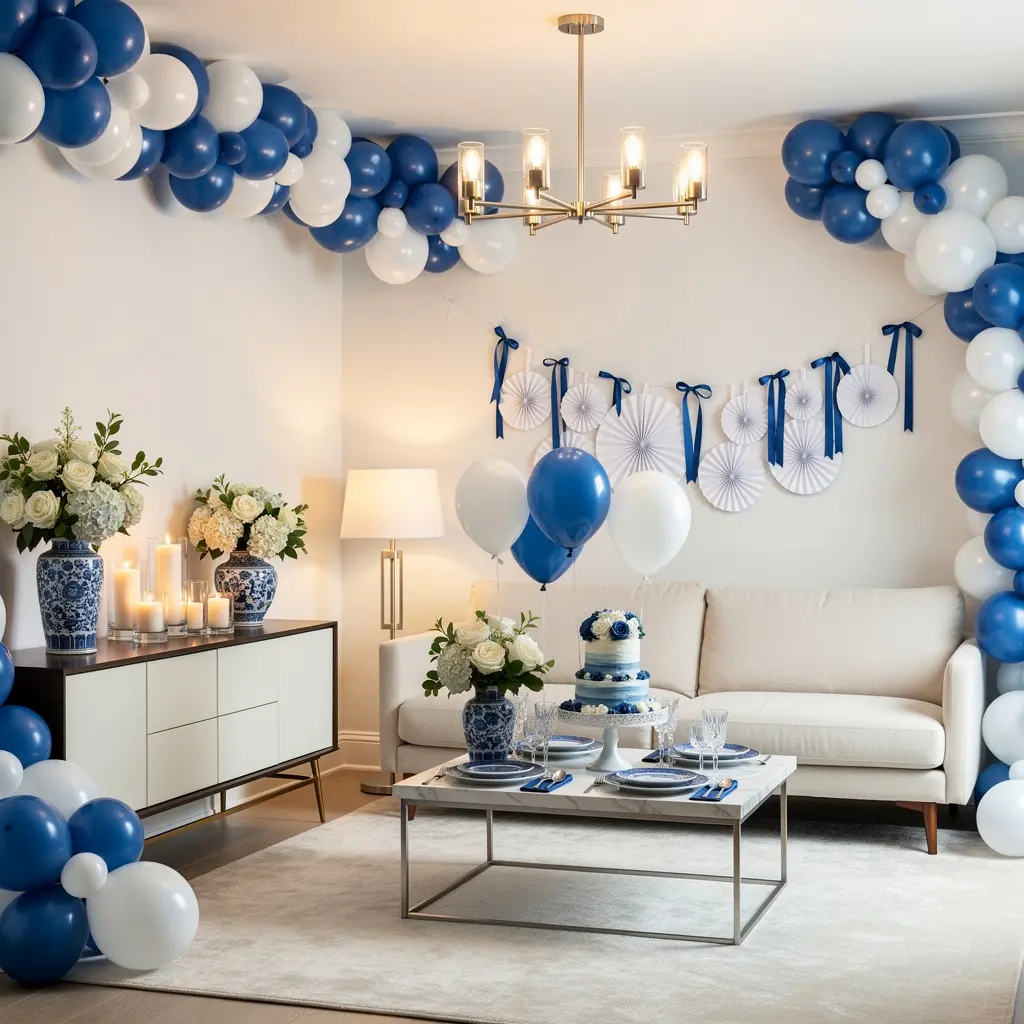 Elegant Blue and White Birthday Decoration