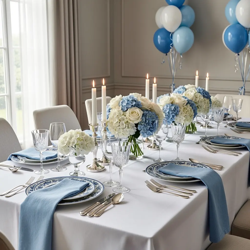 Elegant Blue and White Birthday Decoration